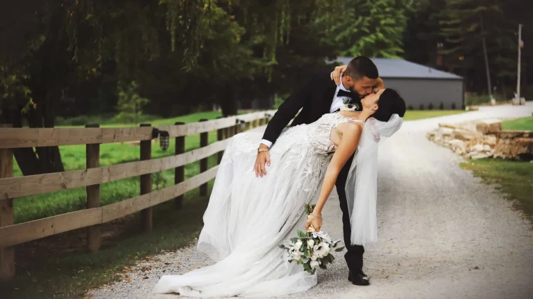 Romantic Wedding Kiss on Countryside Pathway